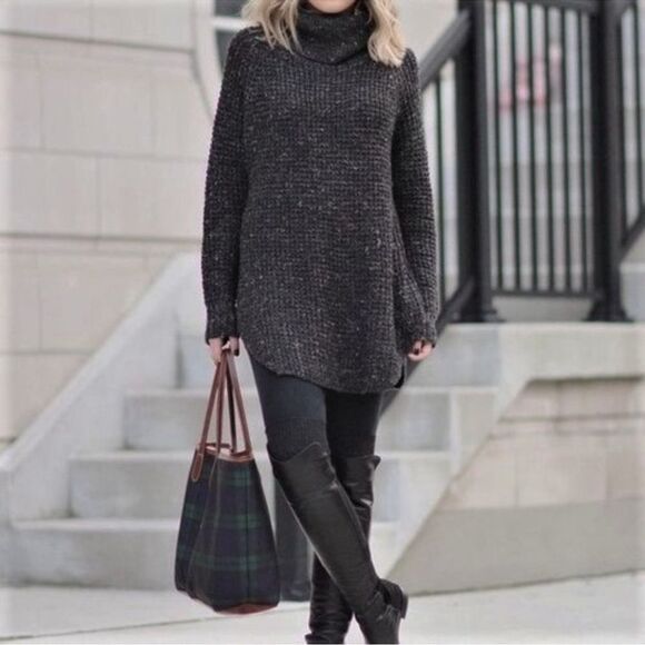 Free People Dylan Tweed Pullover in Charcoal Combo Turtleneck Sweater size XS - Picture 6 of 12